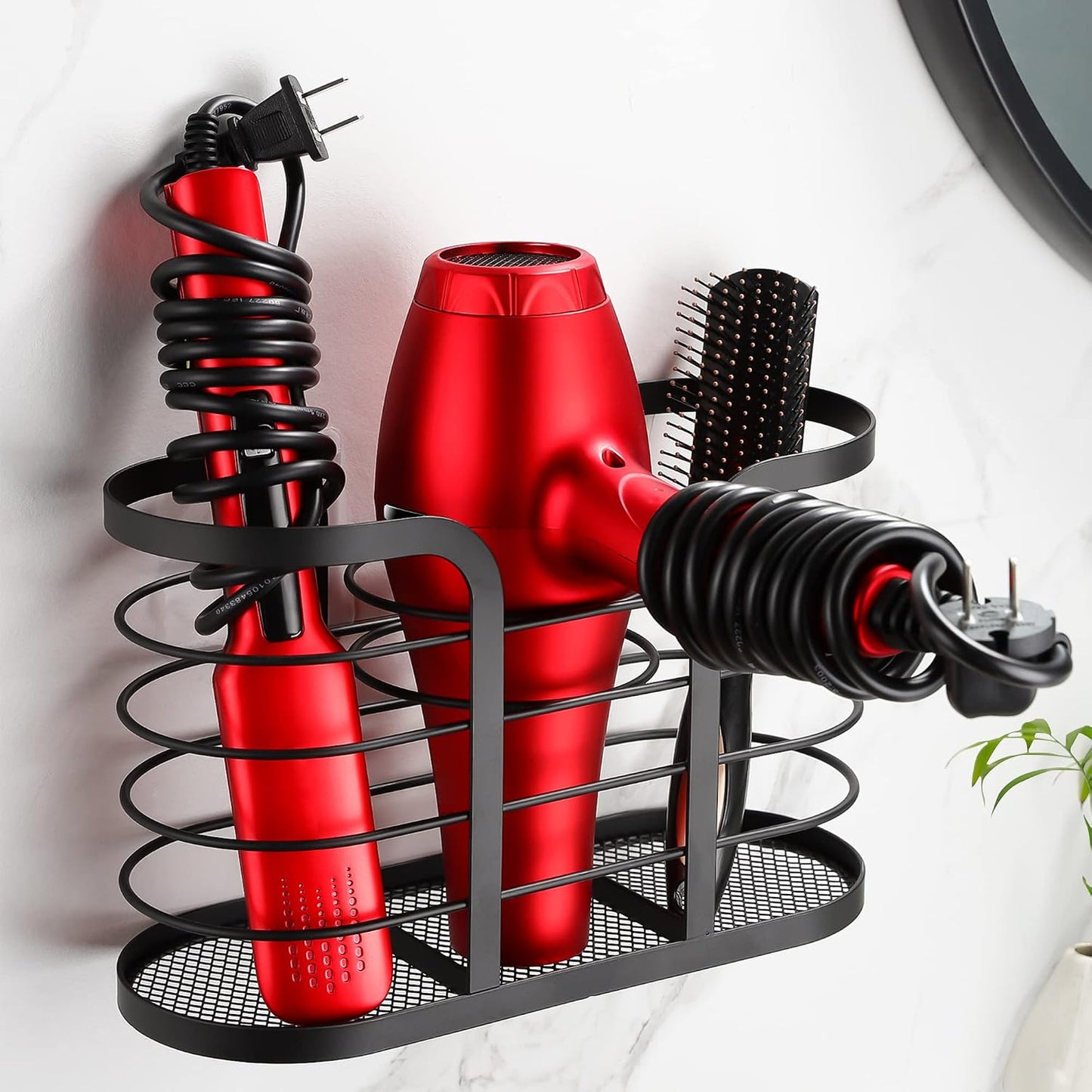 Soporte secador pelo pared adhesivo organiz. baño negro
