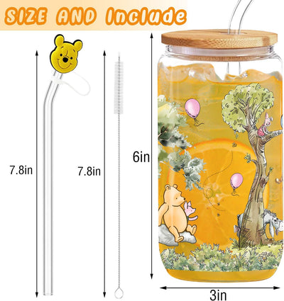 Taza Oso Pooh 16oz Vidrio con Tapa y Popote Regalo Niños
