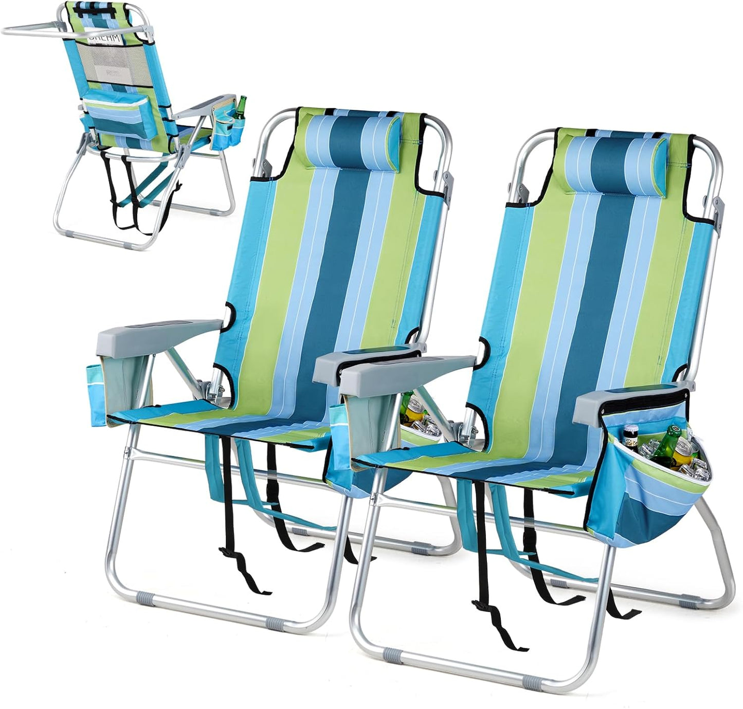2 Sillas playa 5 posiciones con bolsa frío y portavasos