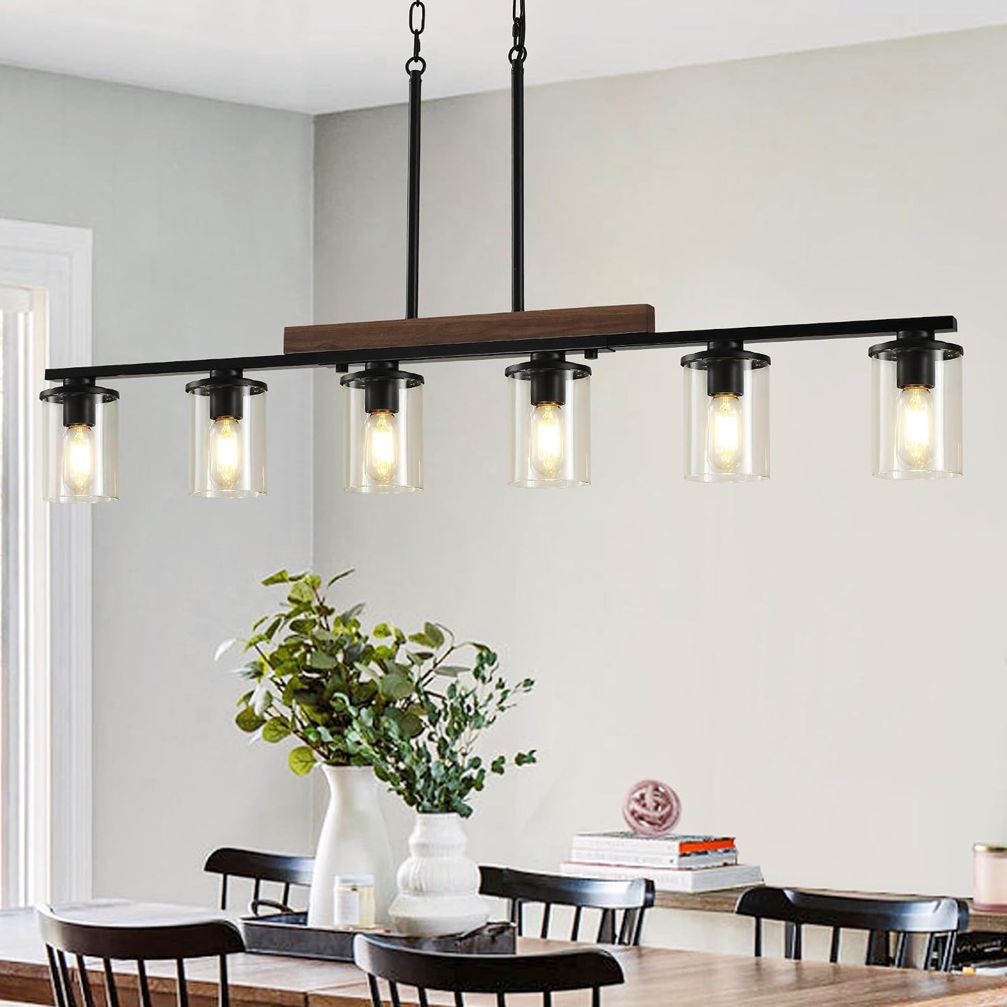 Lámpara isla cocina 47pulg 6 luces madera negra
