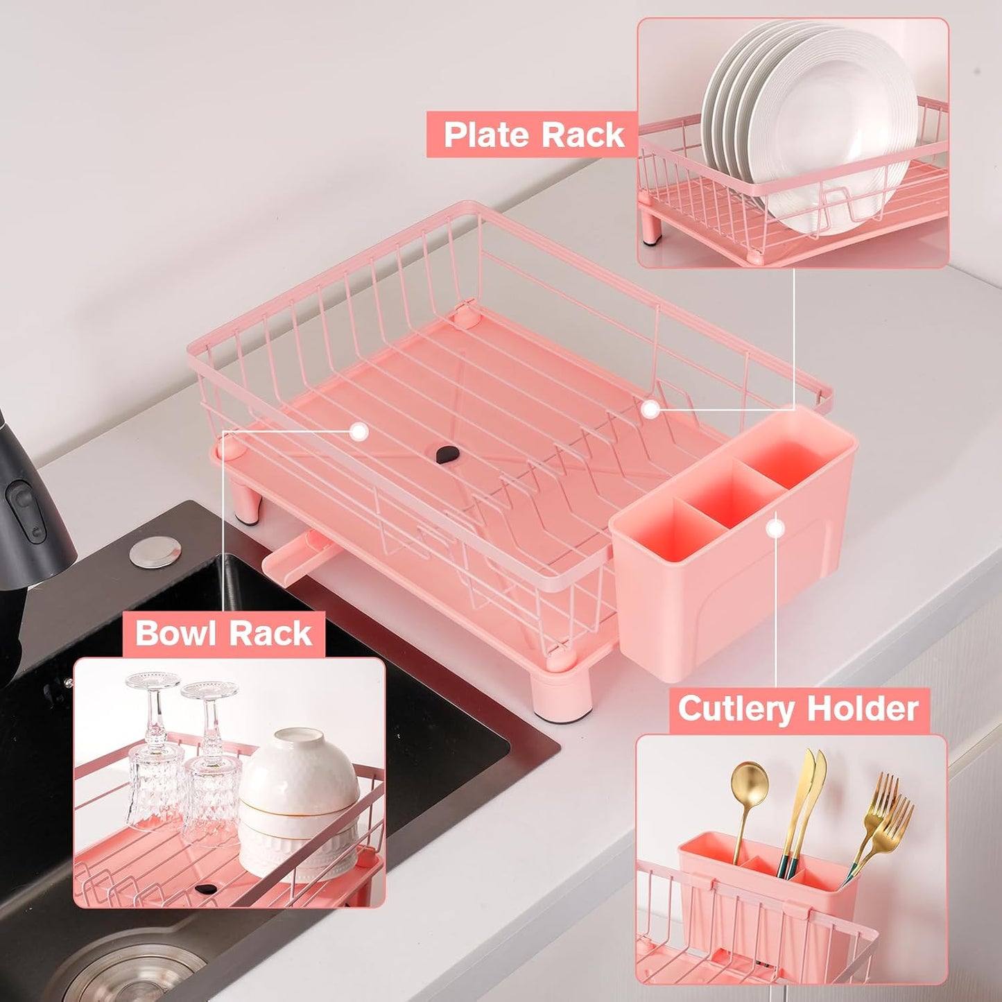 Escurridor platos rosa con 4 ganchos