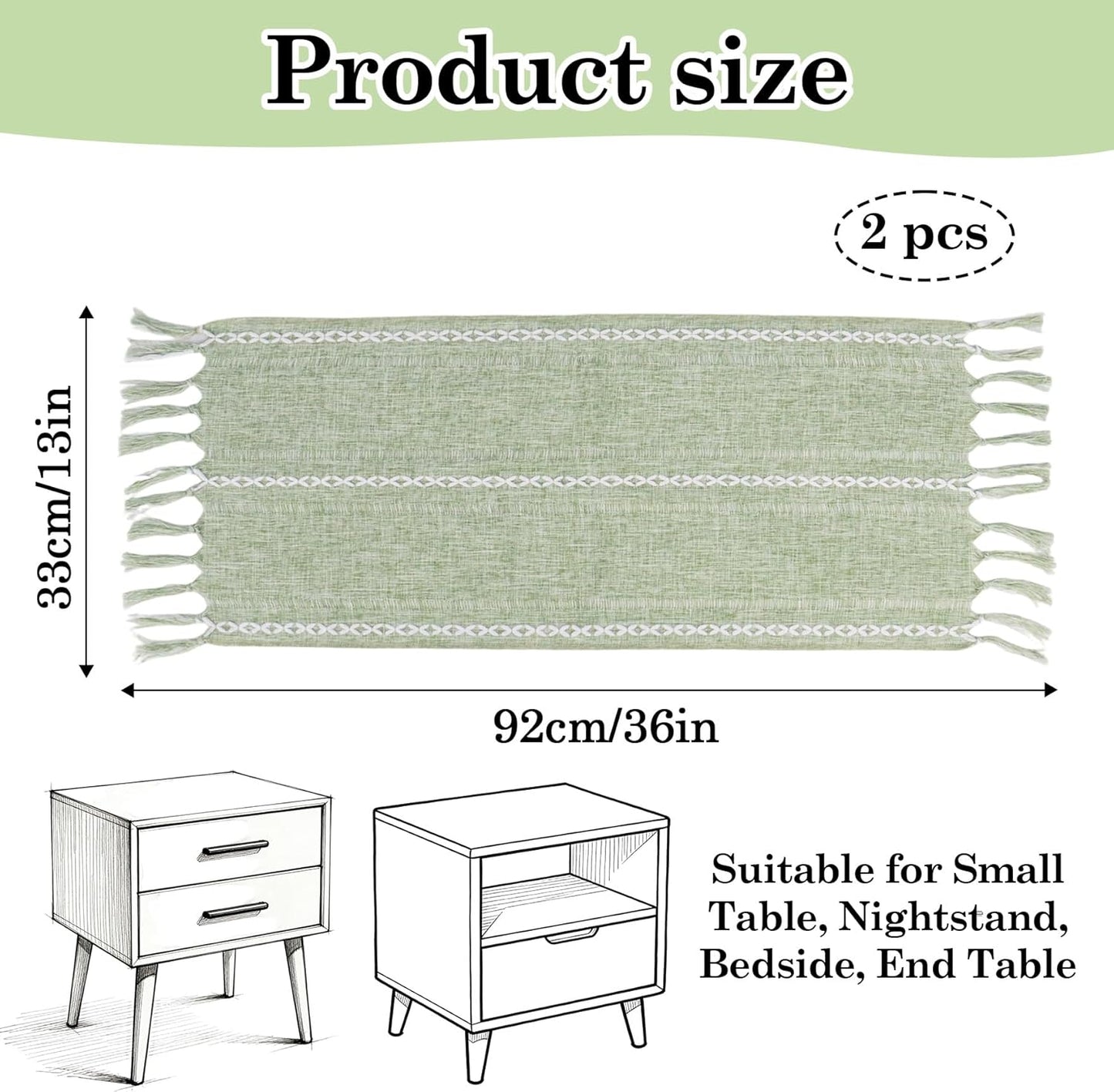 2 Caminos Mesita Noche Borlas Bohemias 13x36pulg Funda Verde Salvia