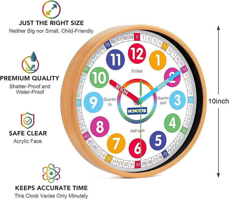 Reloj pared niños analógico silencioso 10pulg decoración hogar