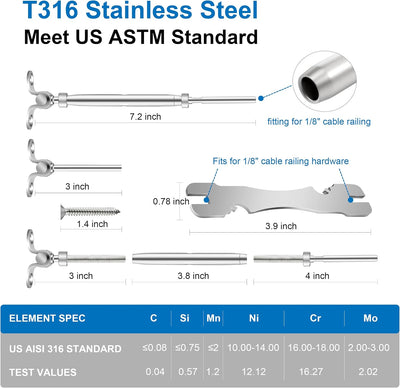 Kit barandillas cable 1/8pulg acero inox T316 para poste madera