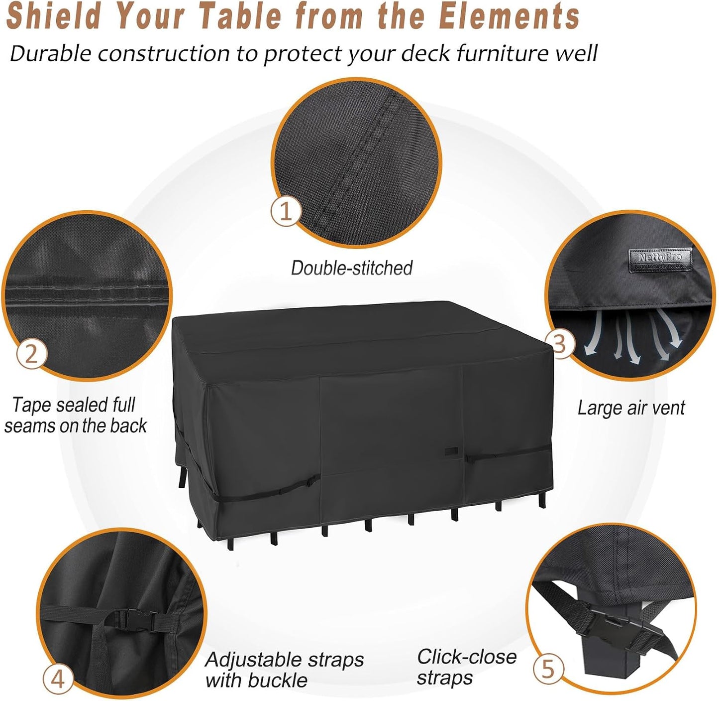 Funda mesa patio 125x84" impermeable color negro