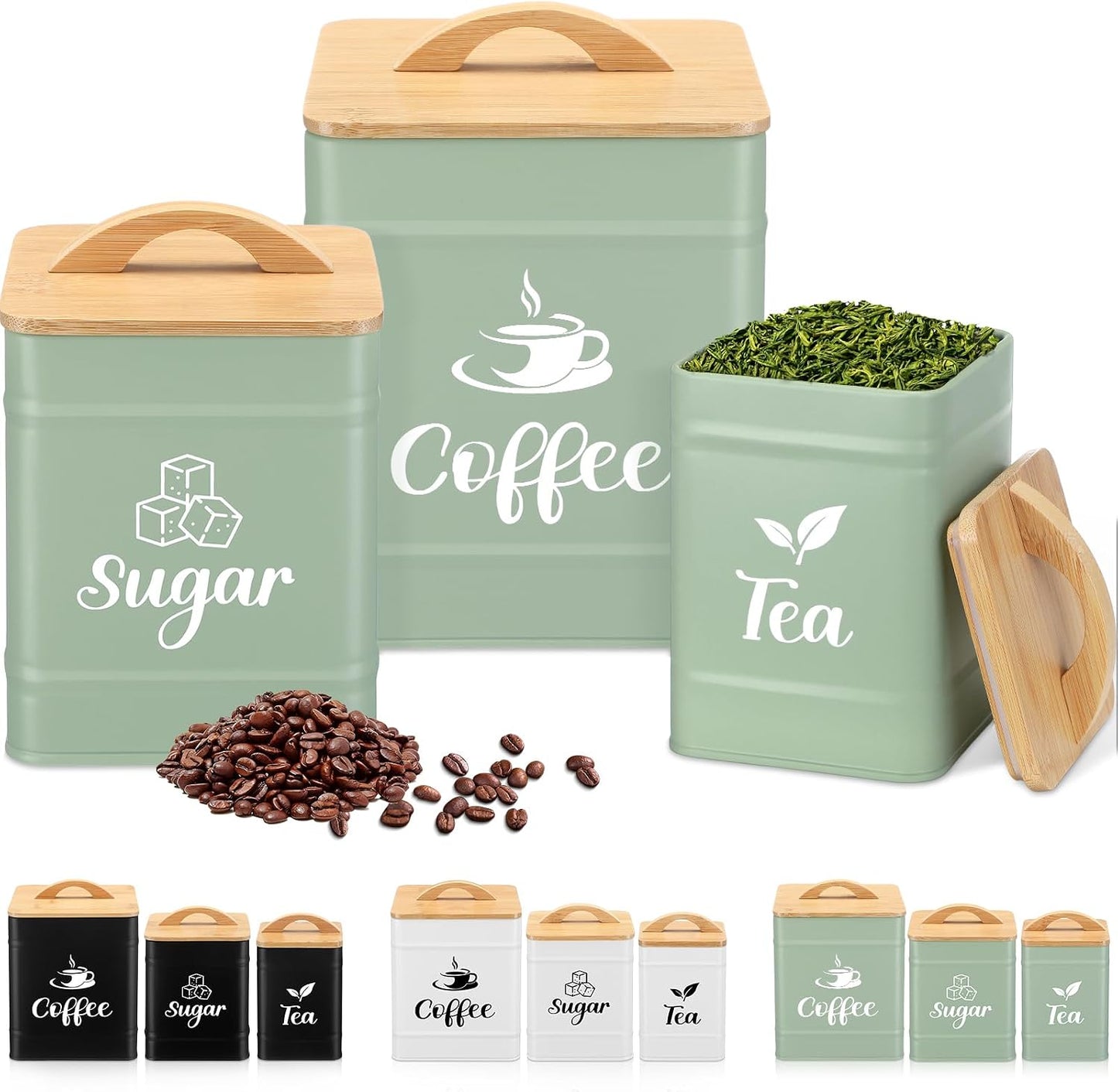 3 Pzas Tarros Metal Bambú para Café Té Azúcar