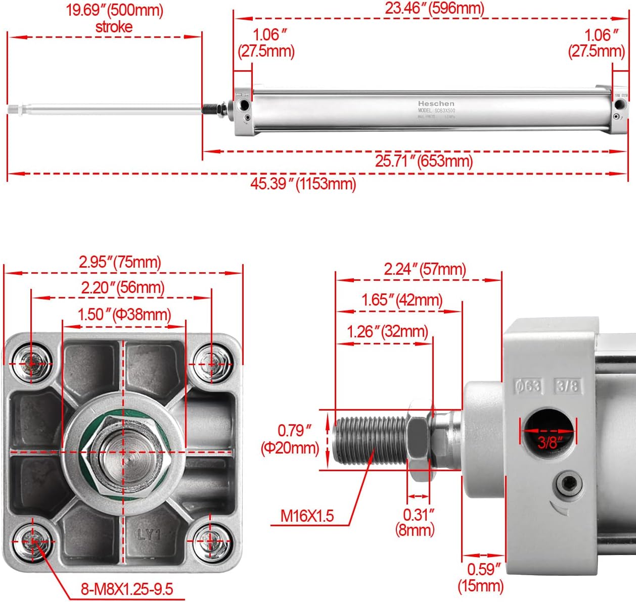 Cilindro neumático doble efecto 2.480pulg pt 3/8 industrial