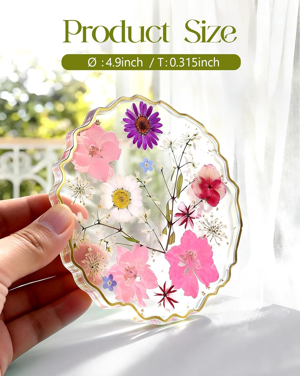 Posavasos de resina con flores secas color rosa y blanco para mesa de café