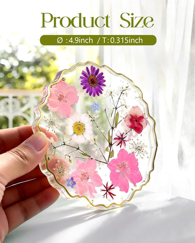 Posavasos de resina con flores secas color rosa y blanco para mesa de café