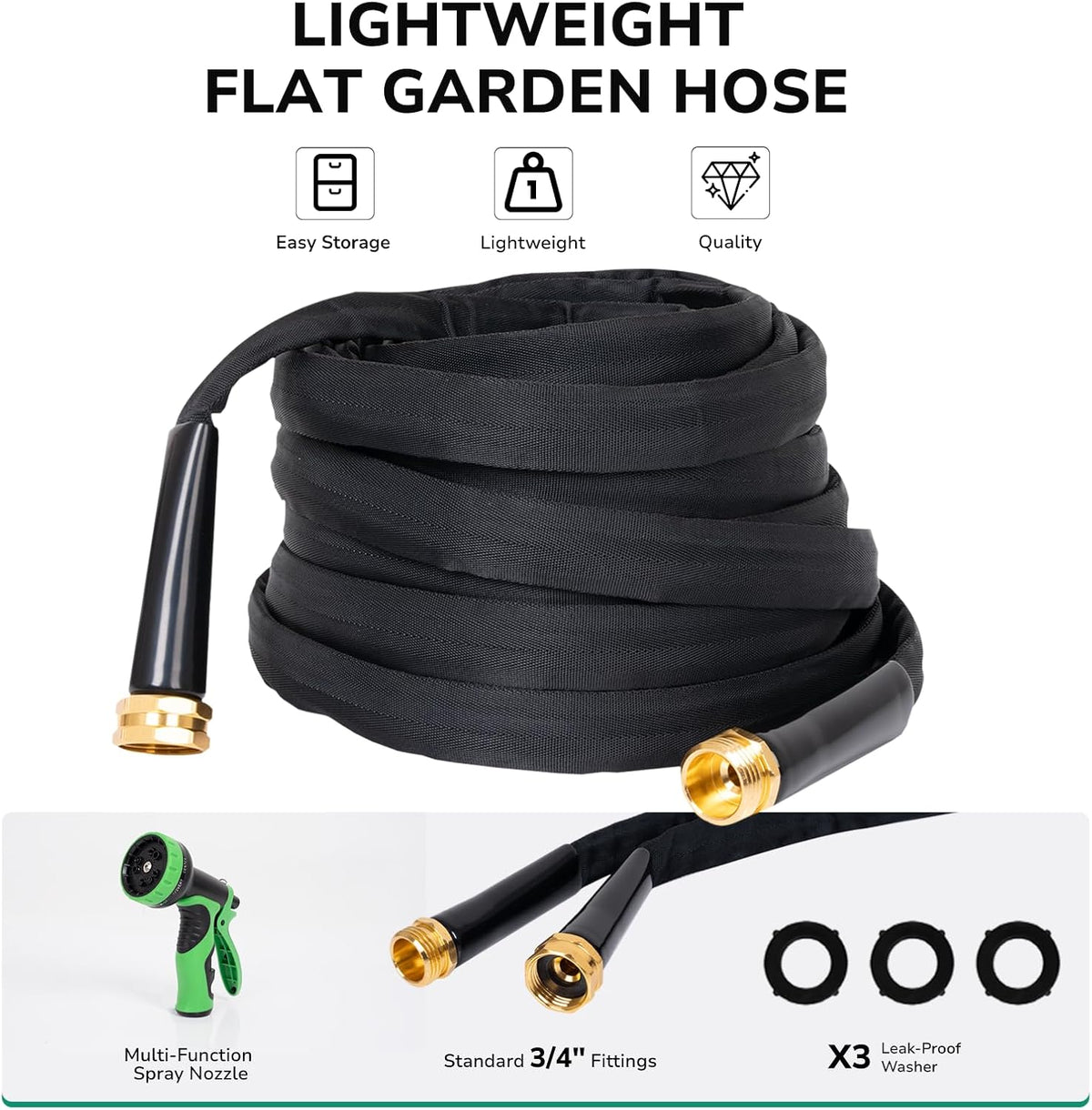 Manguera jardín plana 100ft 3/4pulg GHT con boquilla rociadora