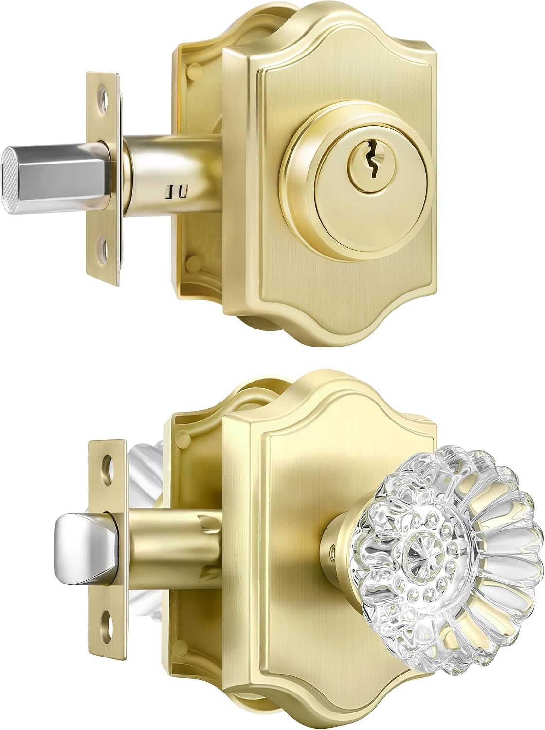Set pomos puerta cristal dorado cerrojo un solo cilindro
