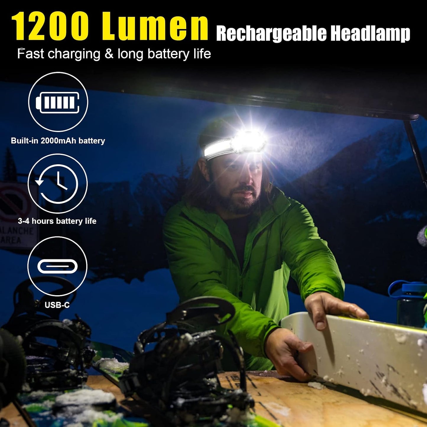 Linterna frontal LED recargable 1200 lúmenes 8 modos