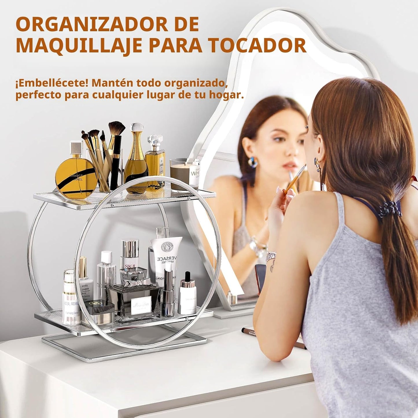 Organiz. perfumes y maquillaje plateado 2 niveles