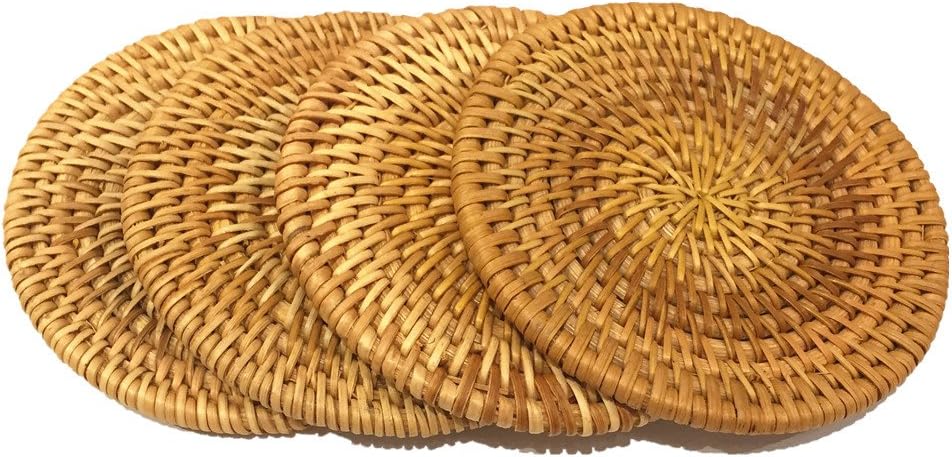 Set 4 posavasos ratán hechos a mano marrón 3.94pulg