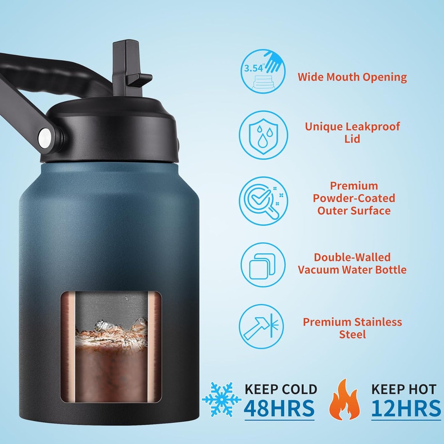 Botella agua aislada acero inox 128oz con pajita asa 2 tapas