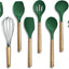Set 8 Pzas Utensilios Silicón Antiadherente Madera Verde