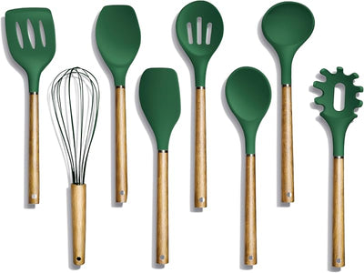 Set 8 Pzas Utensilios Silicón Antiadherente Madera Verde
