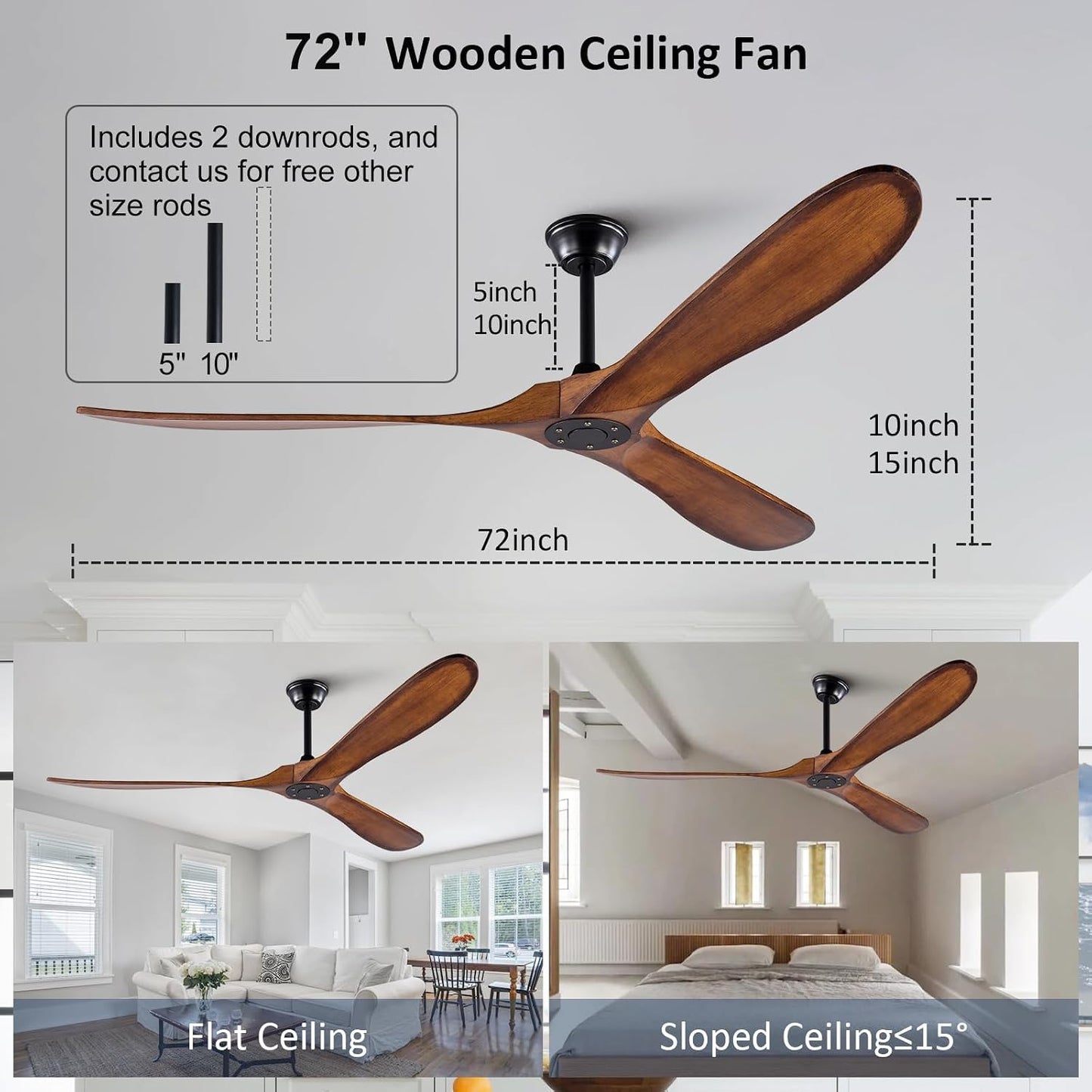 Ventilador techo exterior 72pulg 3 cuchillas madera