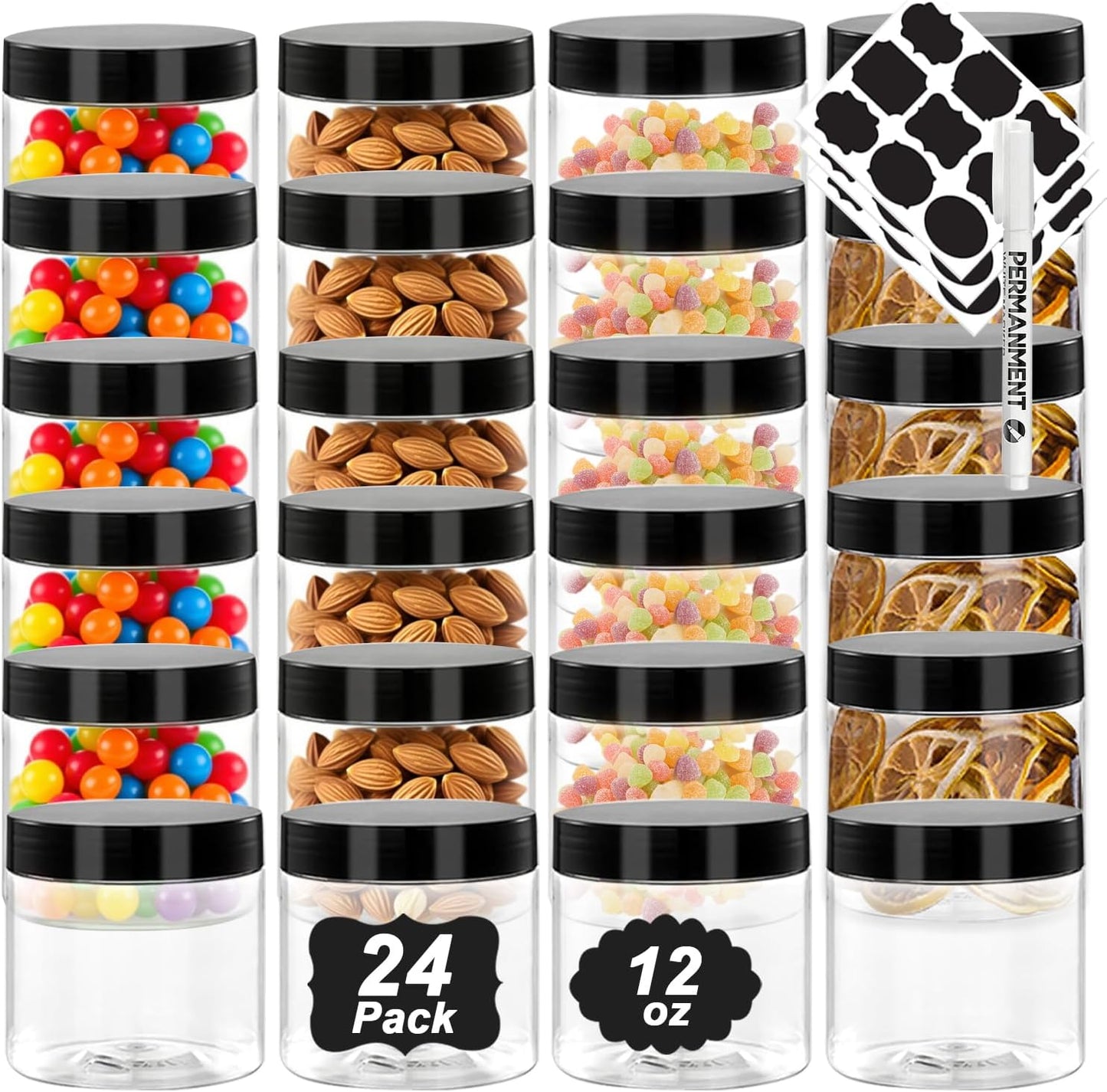 Tarros plástico 12oz con tapas negras pack 24 transparentes