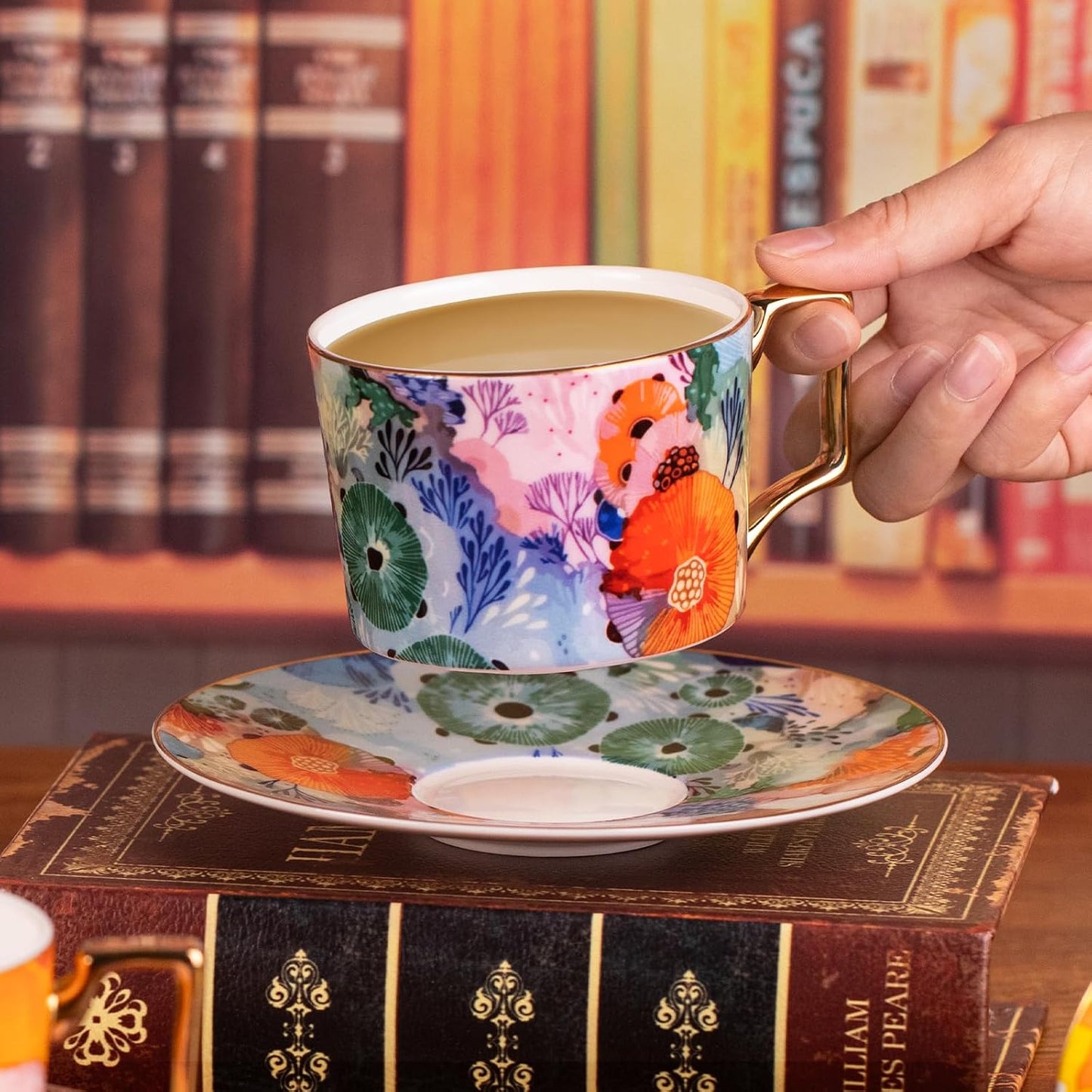 Set 2 Tazas Té y Platillos Cerámica 8.5oz Expreso Apilables
