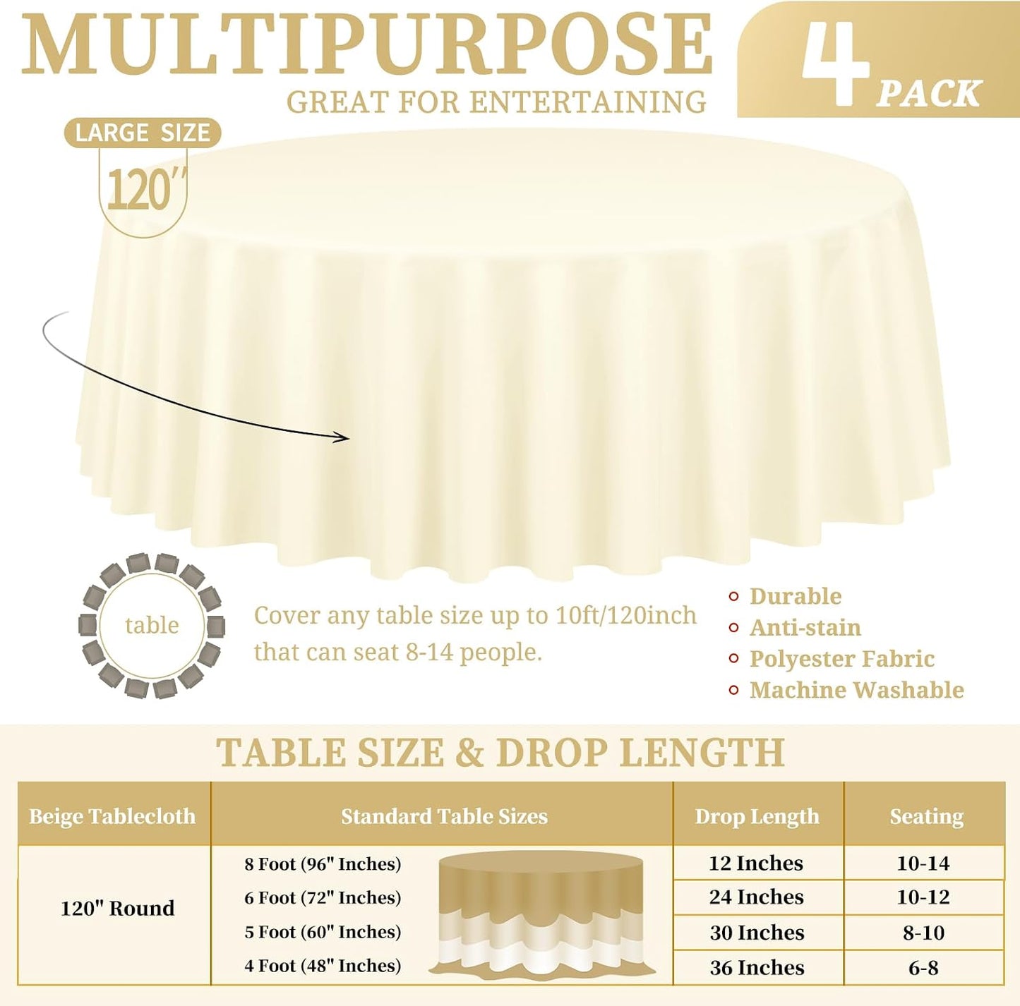 4 Manteles Redondos Beige 120pulg Poliéster Lavables