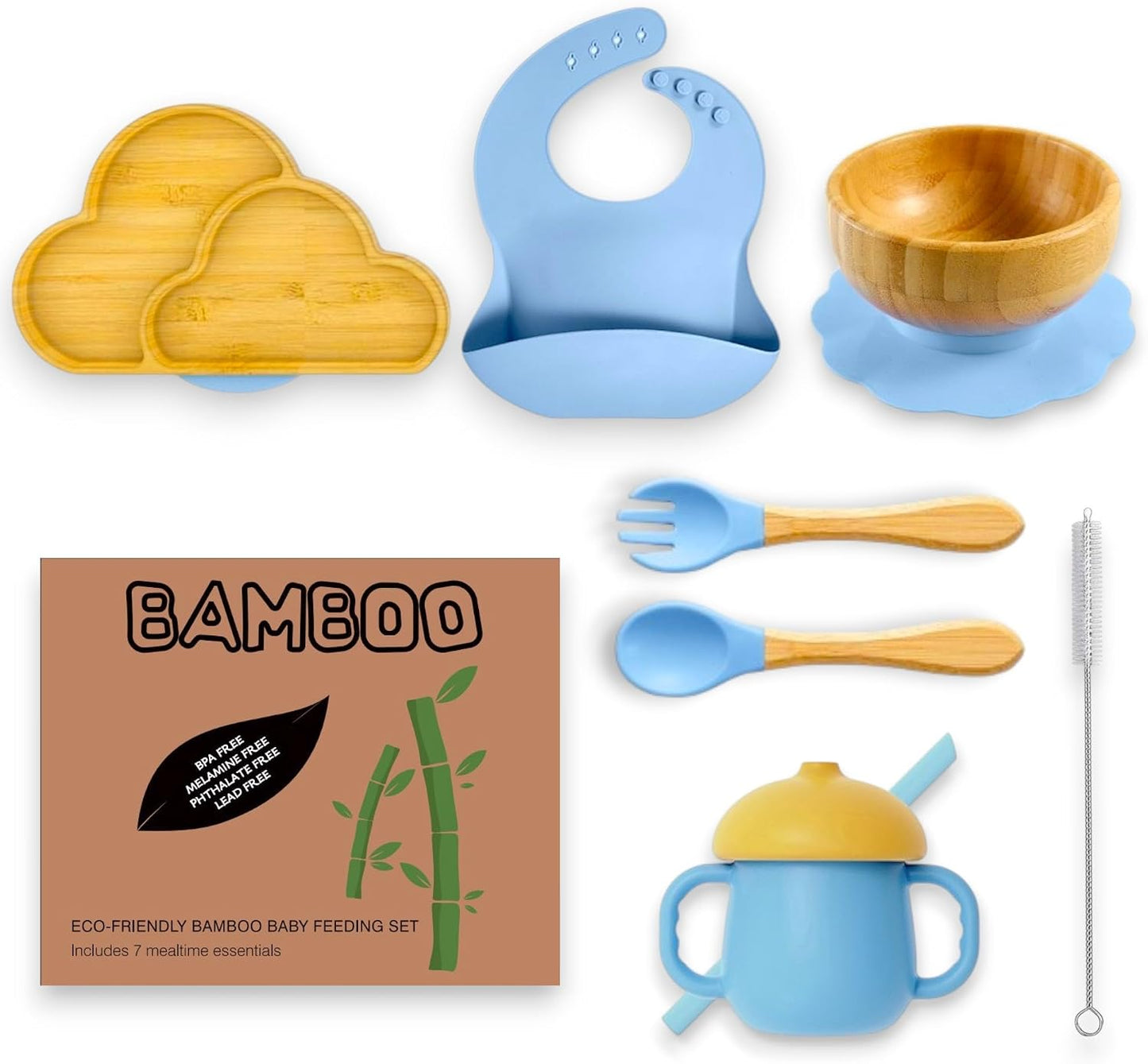 Set platos cuencos bambú para bebés 7 artículos sin BPA azul
