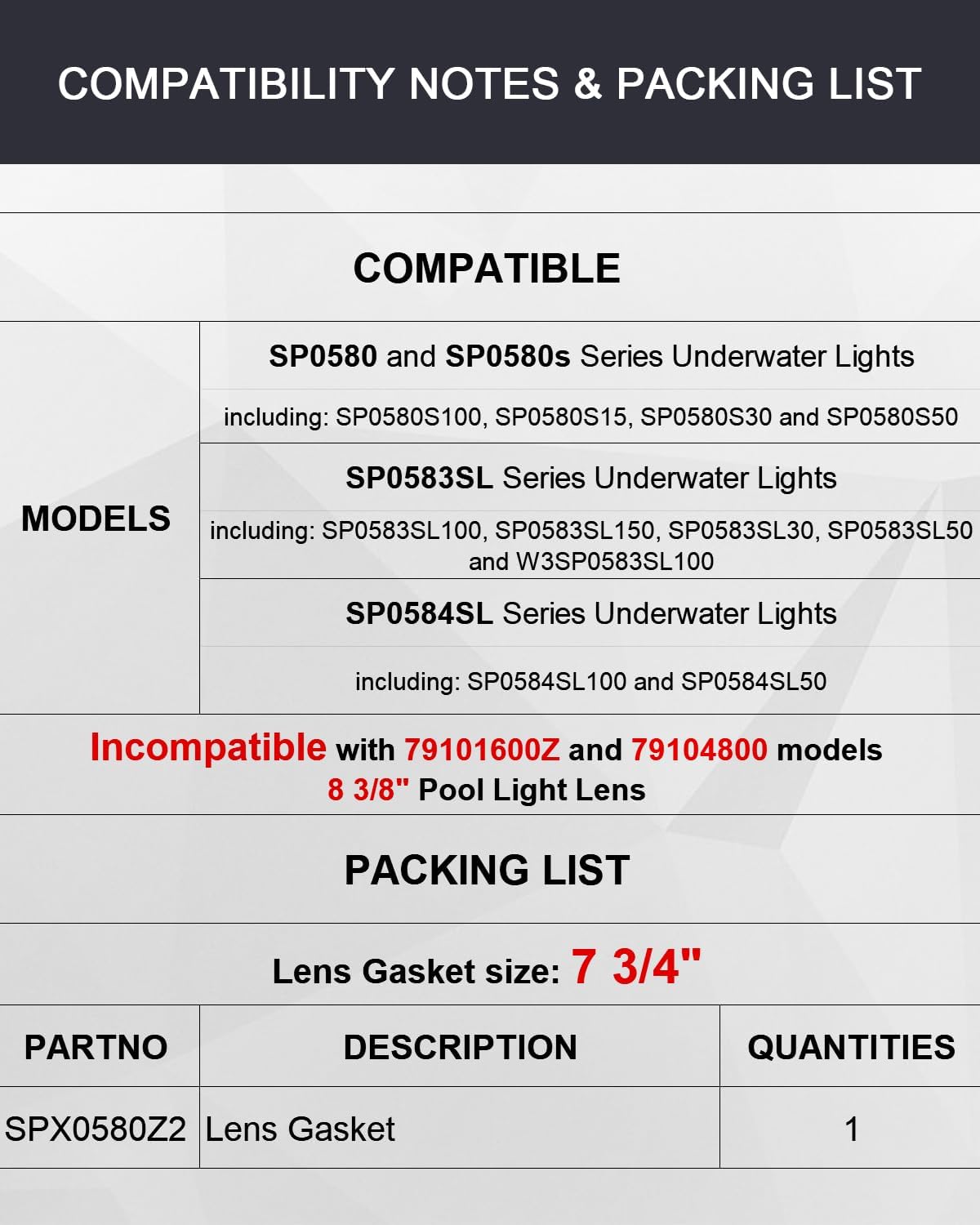 Junta luz piscina 7 3/4 comp SP0580 SP0580s