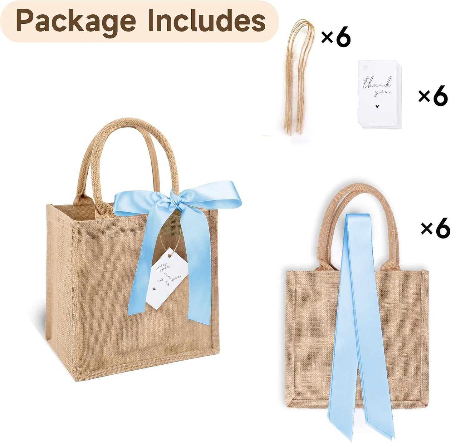 6 Pzas Bolsas Arpillera con Asas Reutiliz. Cinta Seda Azul