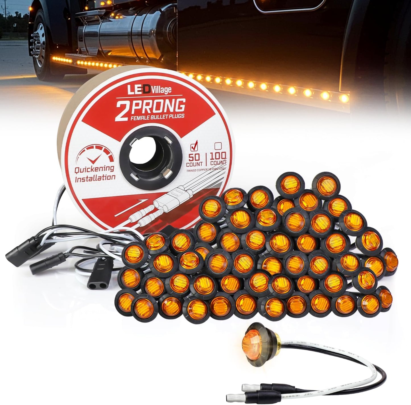 50 Luces LED Ámbar 3/4 DC con 50 Arneses Hembra para Camión