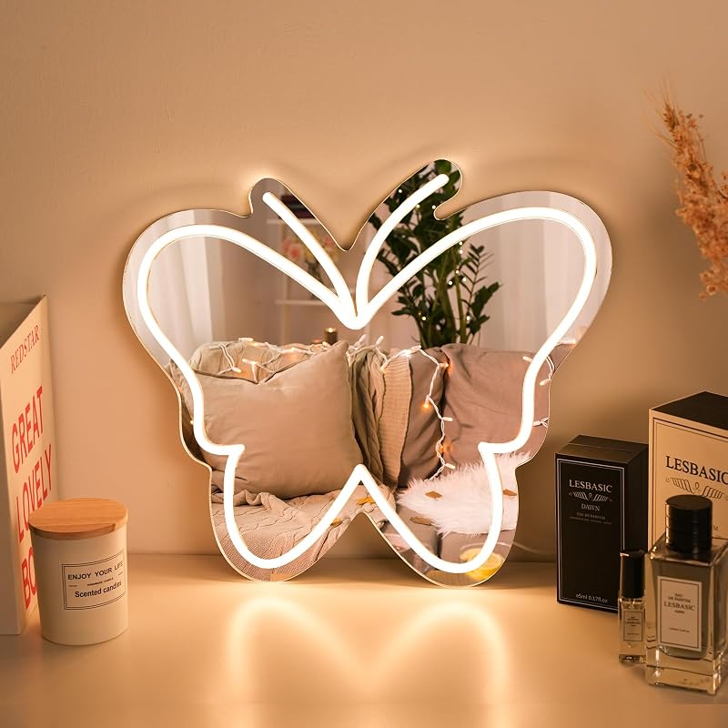 Letrero Neón LED con Espejo Mariposa Decoración Hogar Niñas