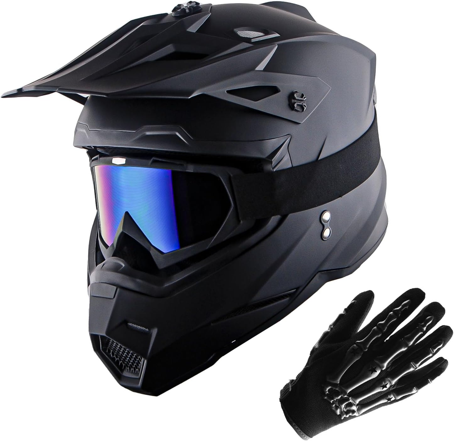 Casco Motocross Jóvenes Negro Mate Gafas Guantes Esqueleto
