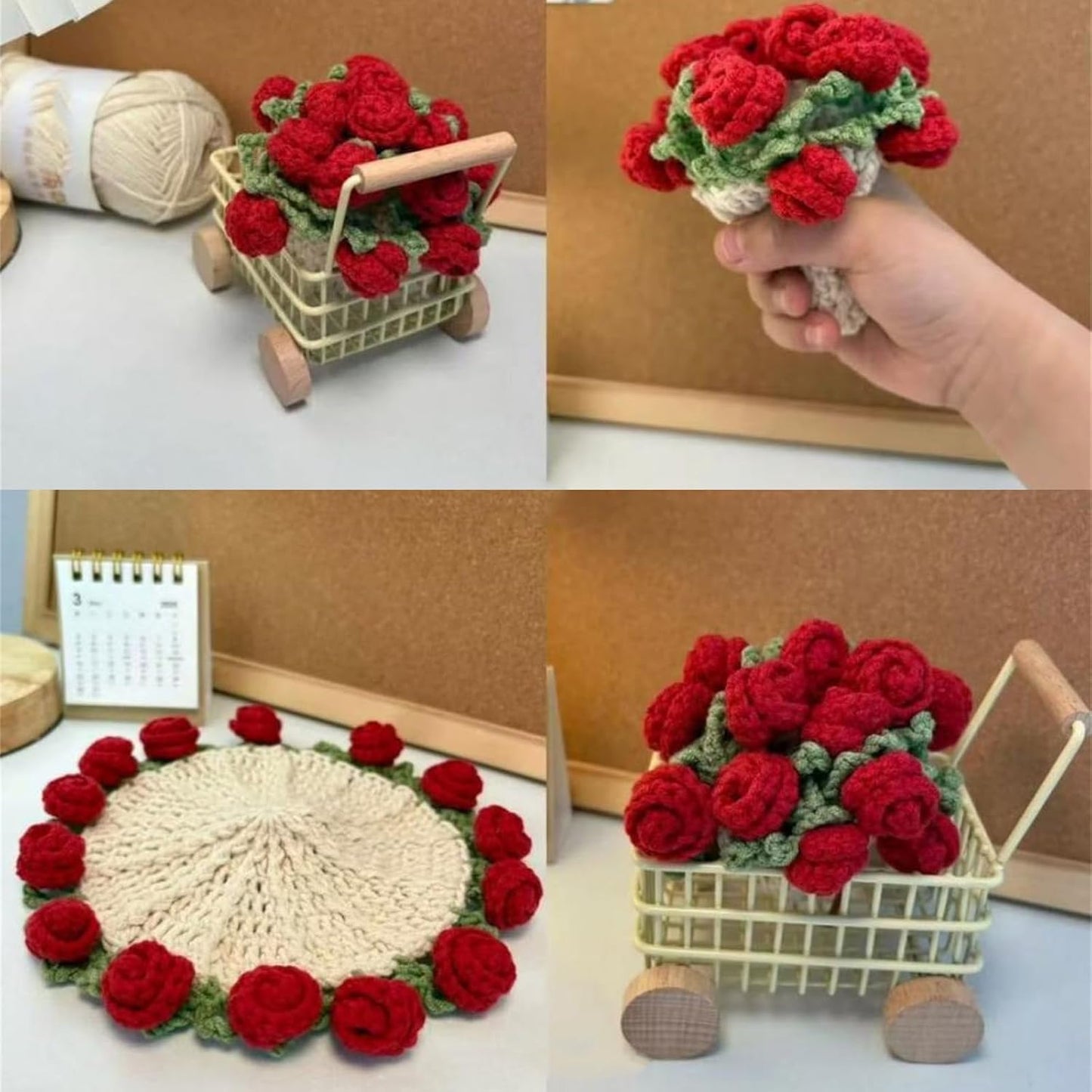 Posavasos manta ramo flores mini rosa ganchillo