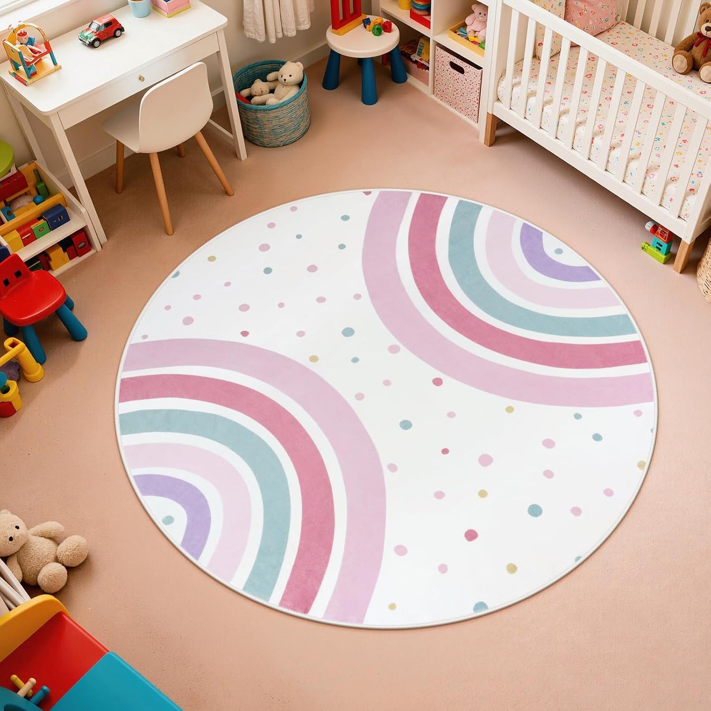 Alfombra redonda antiderrap para niñas 4ft arcoíris
