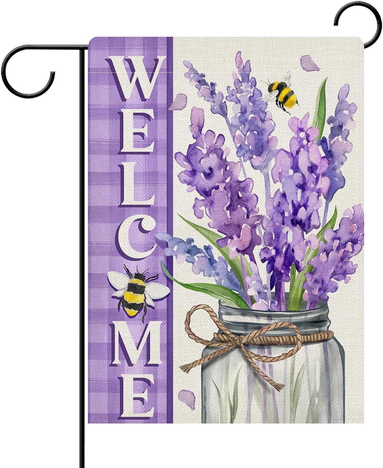 Bandera jardín con flores lavanda tarro abeja morado