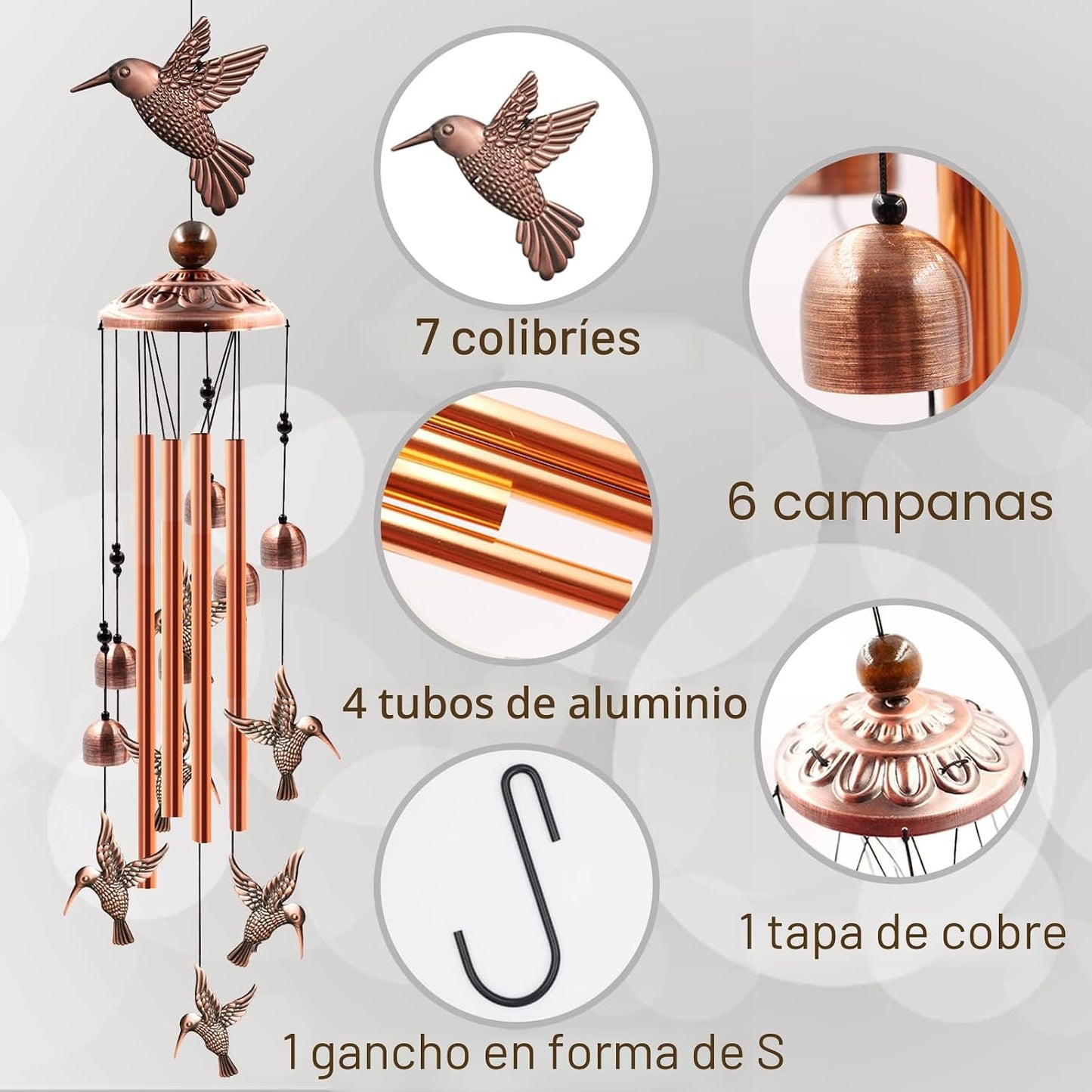 Campanillas viento aluminio gancho S decoración jardín colibrí
