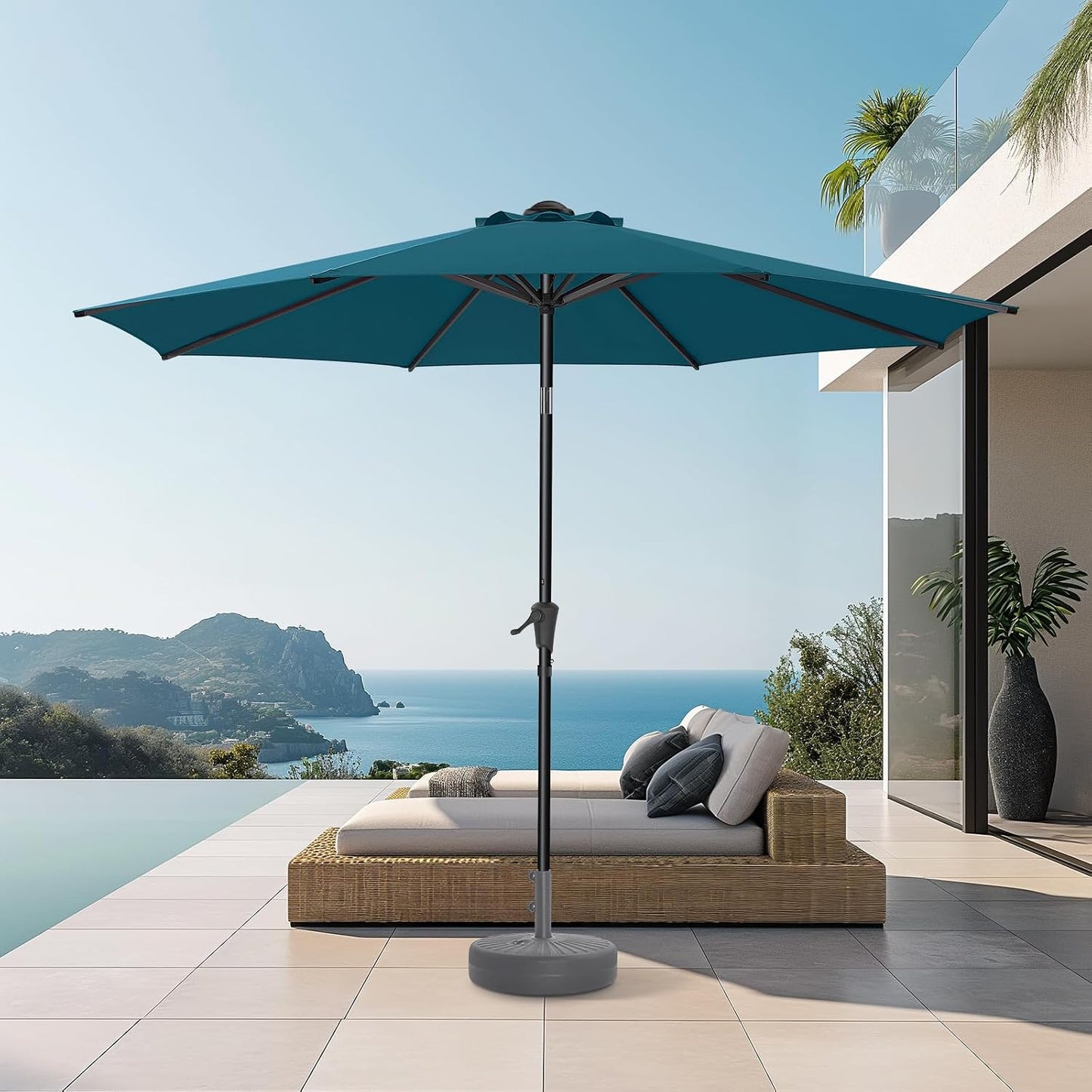 Sombrilla patio 9ft UPF50 8 varillas azul pavo real