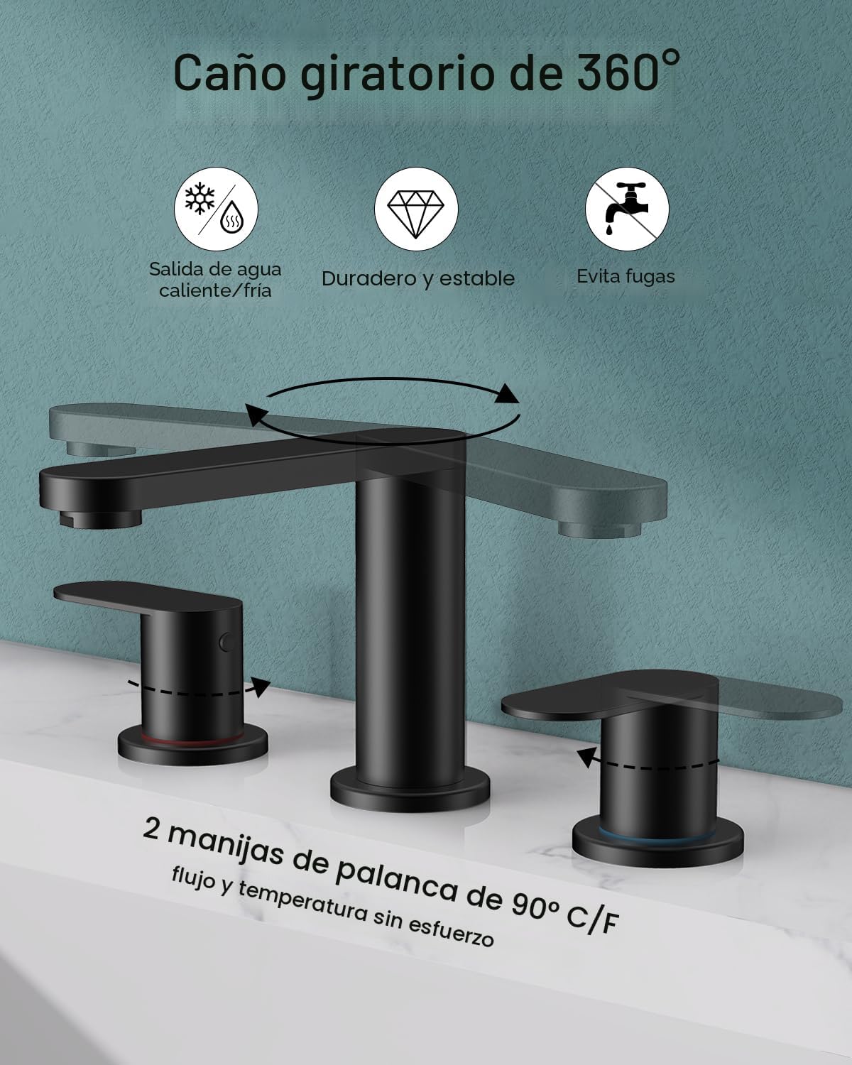 Grifo baño negro 3 orificios 8pulg extensión caño giratorio 360
