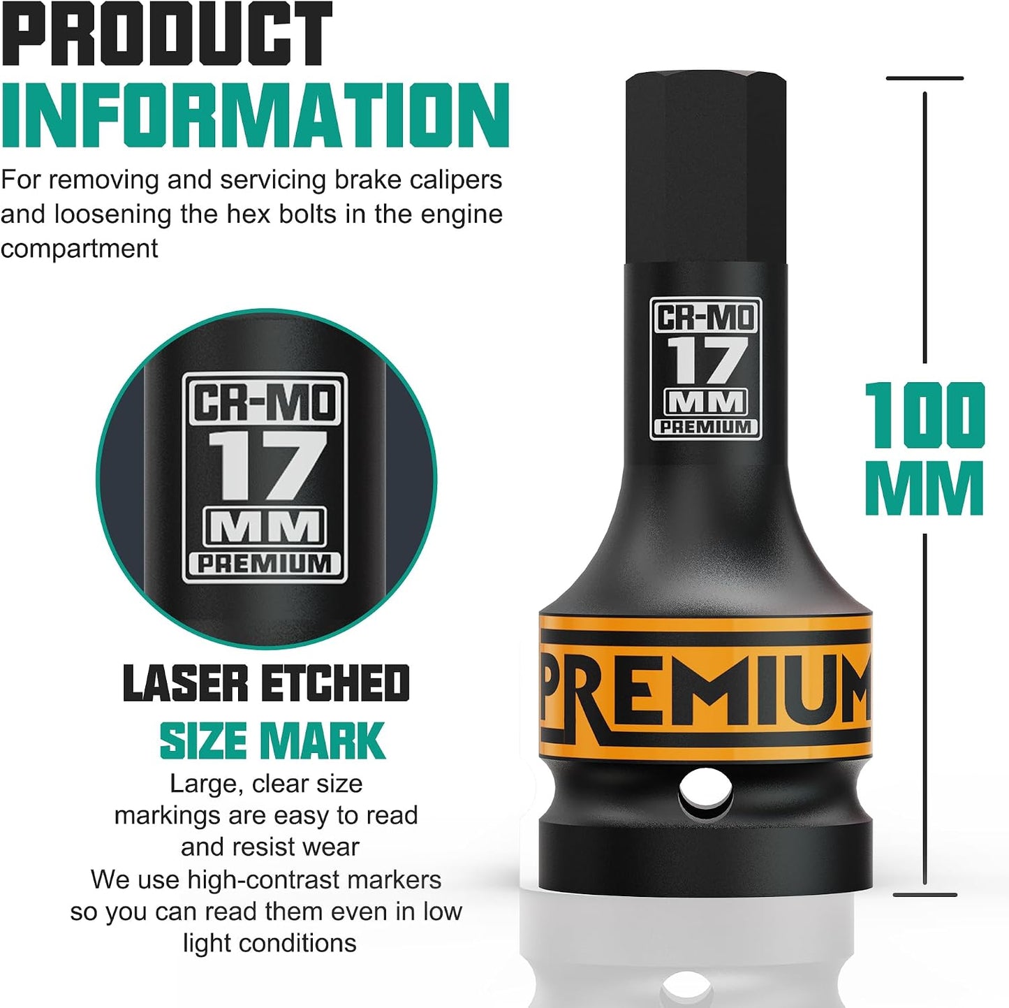 Enchufe hexagonal H17 17mm acero Cr-Mo uso mecánico