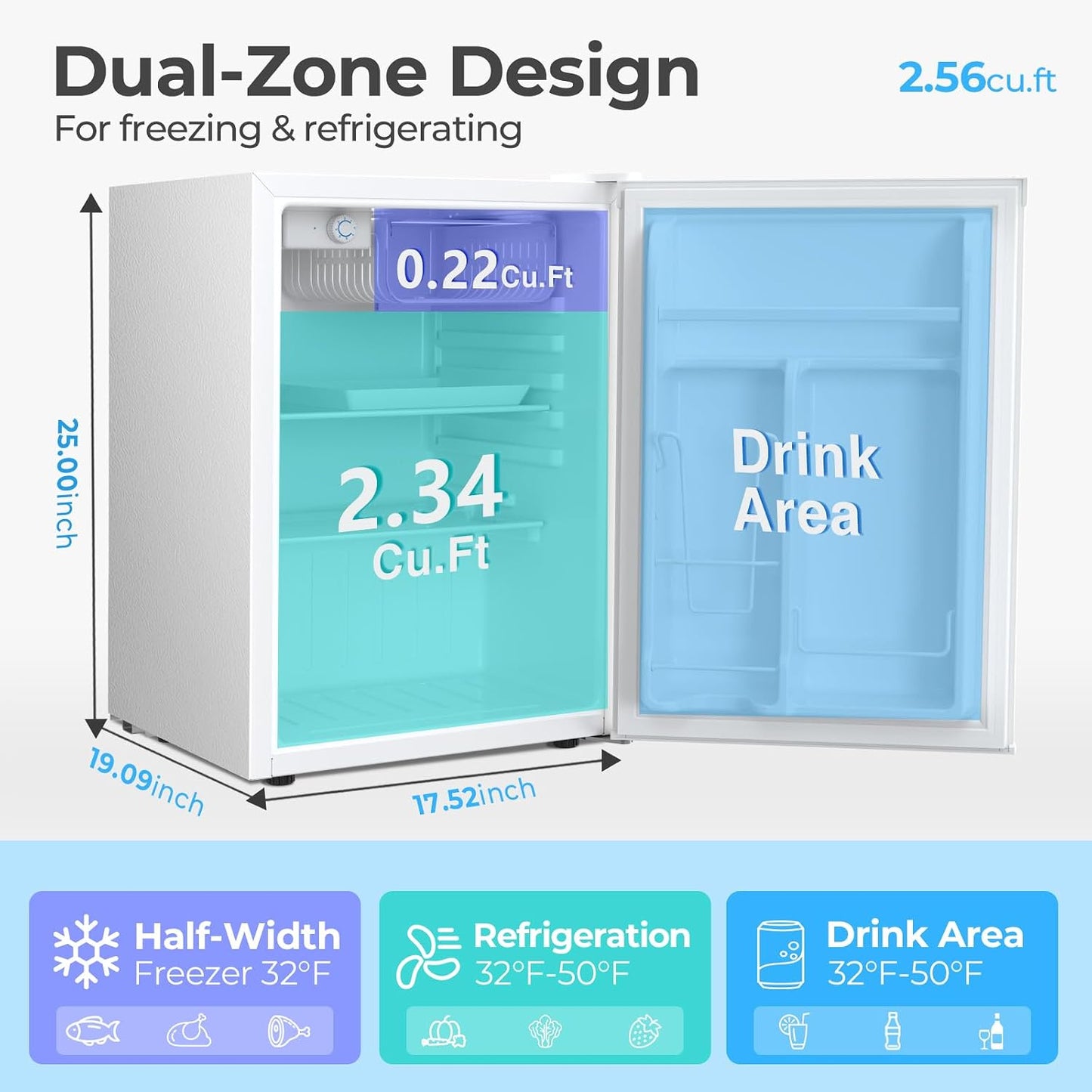 Minirefrigerador 2.56ft³ con congelador termostato ajustable