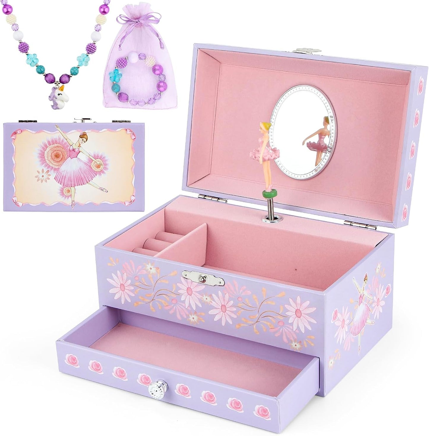 Caja joyería musical con cajón para collares y pulseras rosa