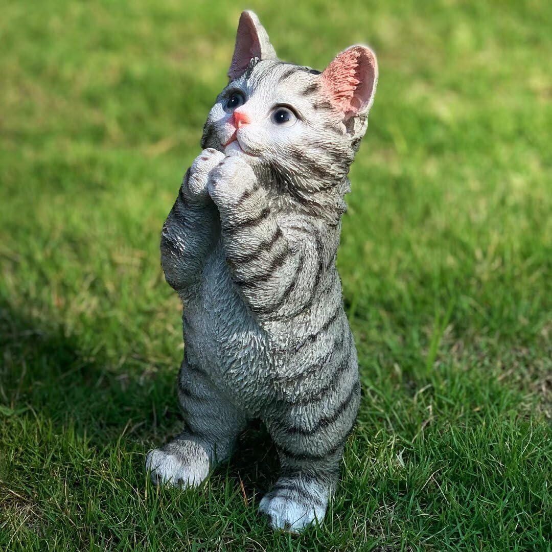 Estatua gato rezando gris para jardín y patio