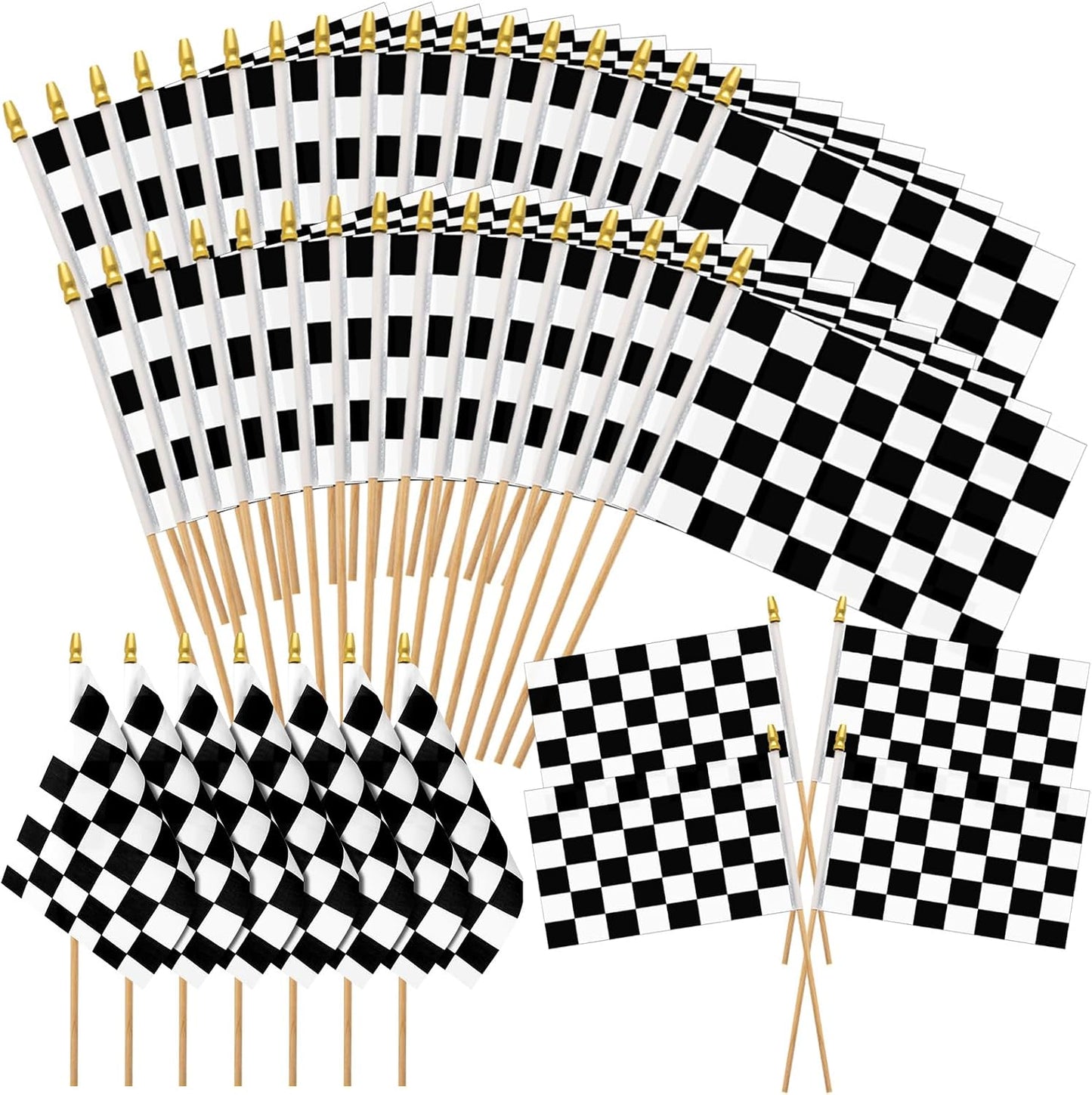 Banderas cuadros blanco negro con palos madera fiestas