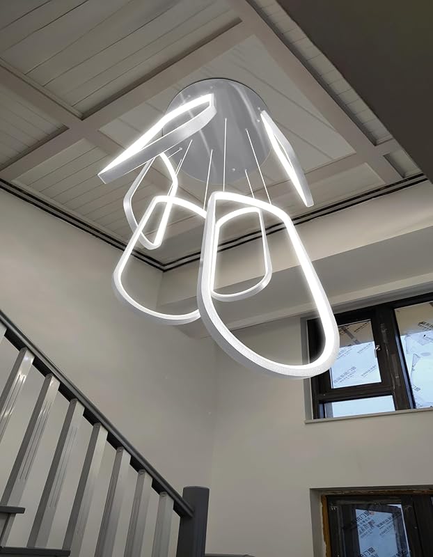Candelabro LED 6 anillos colgante techo alto plateada