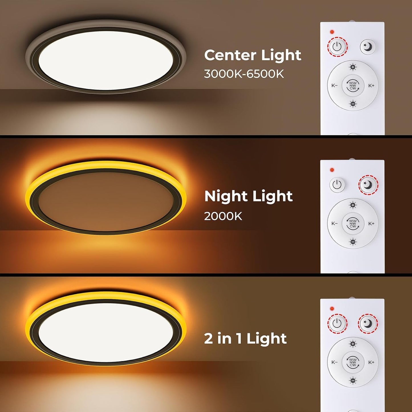 Lámpara techo LED 13pulg control remoto luz nocturna negra