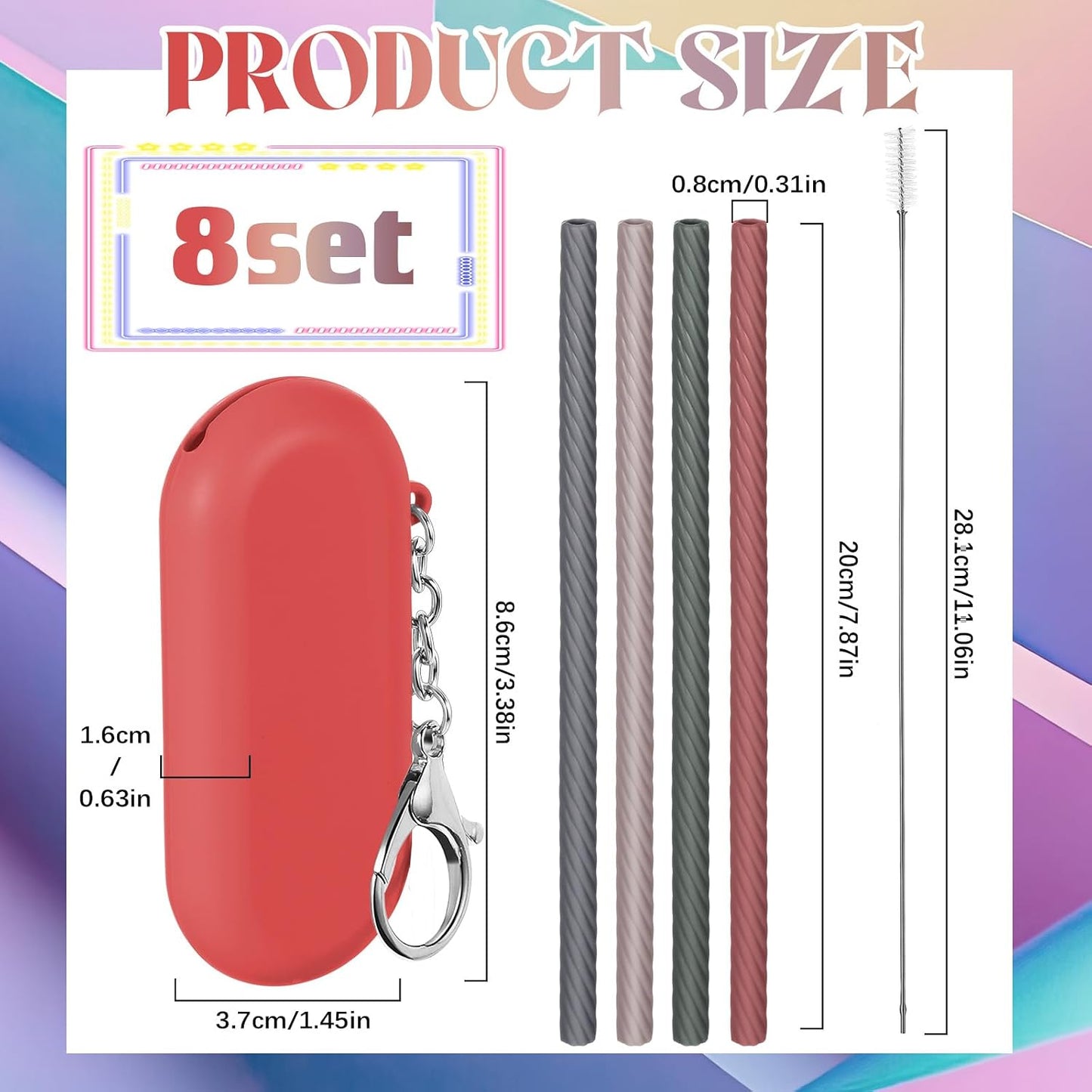 Set 8 Popotes Silicona Reutilizables Plegables con Funda y Cepillos