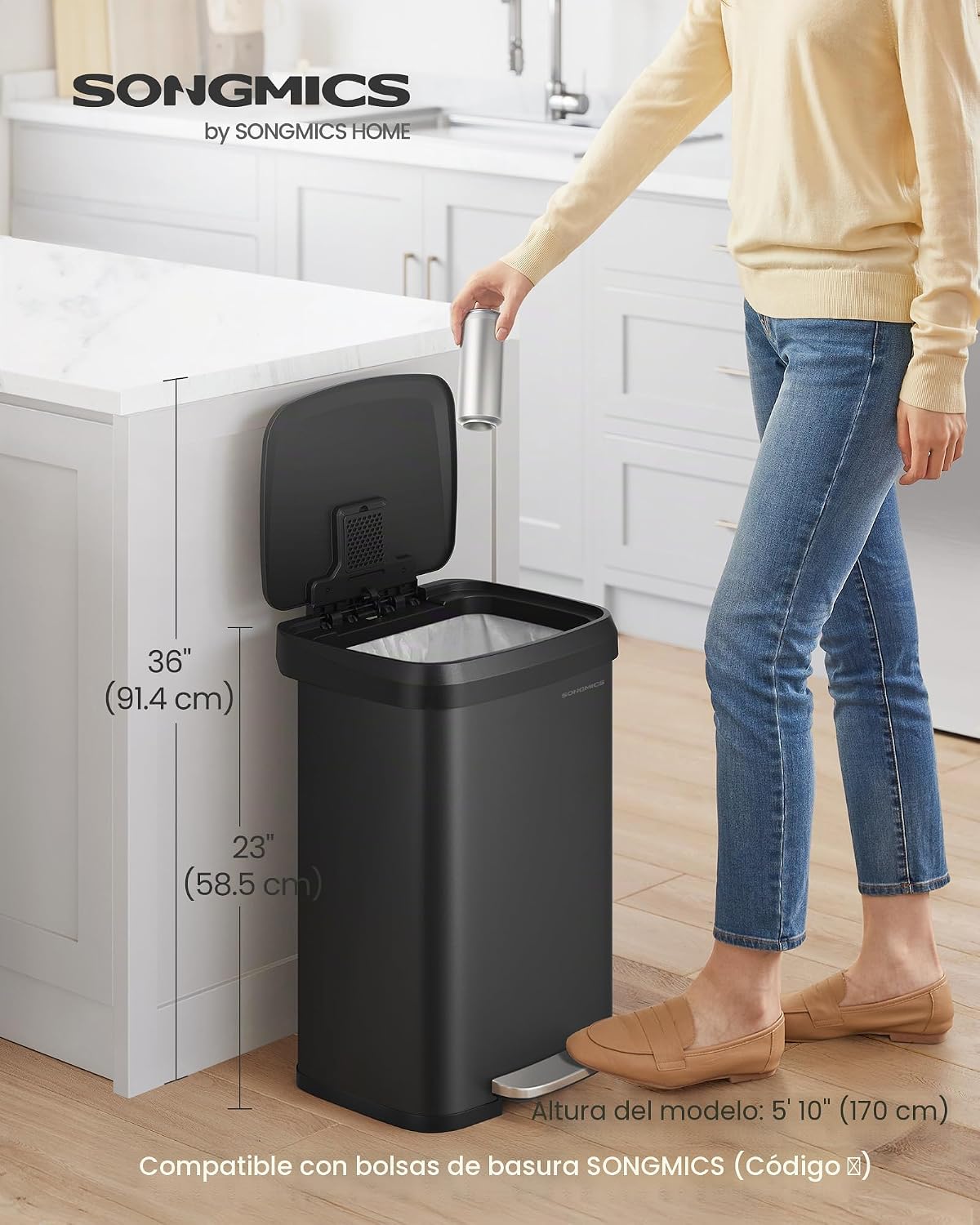 Cubo basura acero inox 50L con pedal y tapa abierta