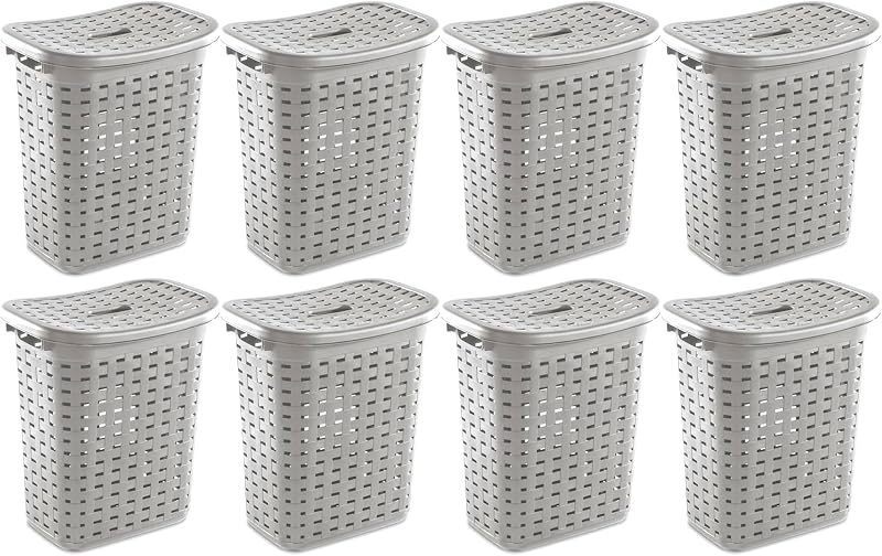 Cesta mimbre plástico para ropa con tapa 8 pzas gris cemento