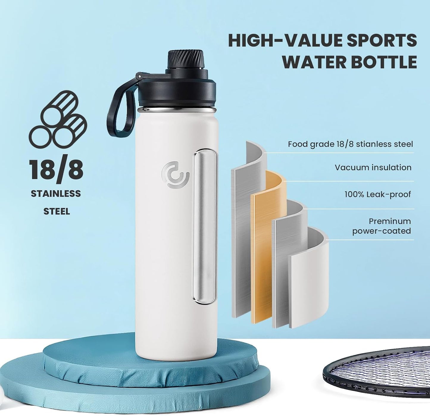Botella agua aislada acero inox asa viaje escuela blanco