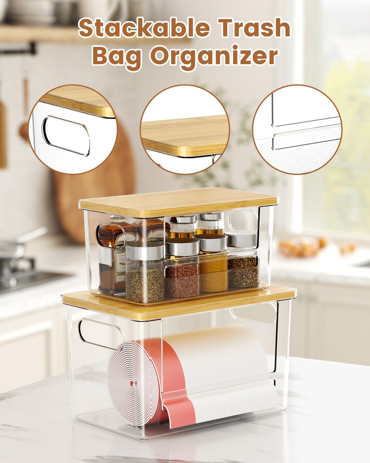 2 Dispensadores bolsas basura apilable bambú transparente