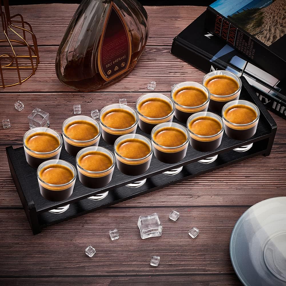 Soporte 12 vasos chupito barra 1.5pulg vidrio bambú negro